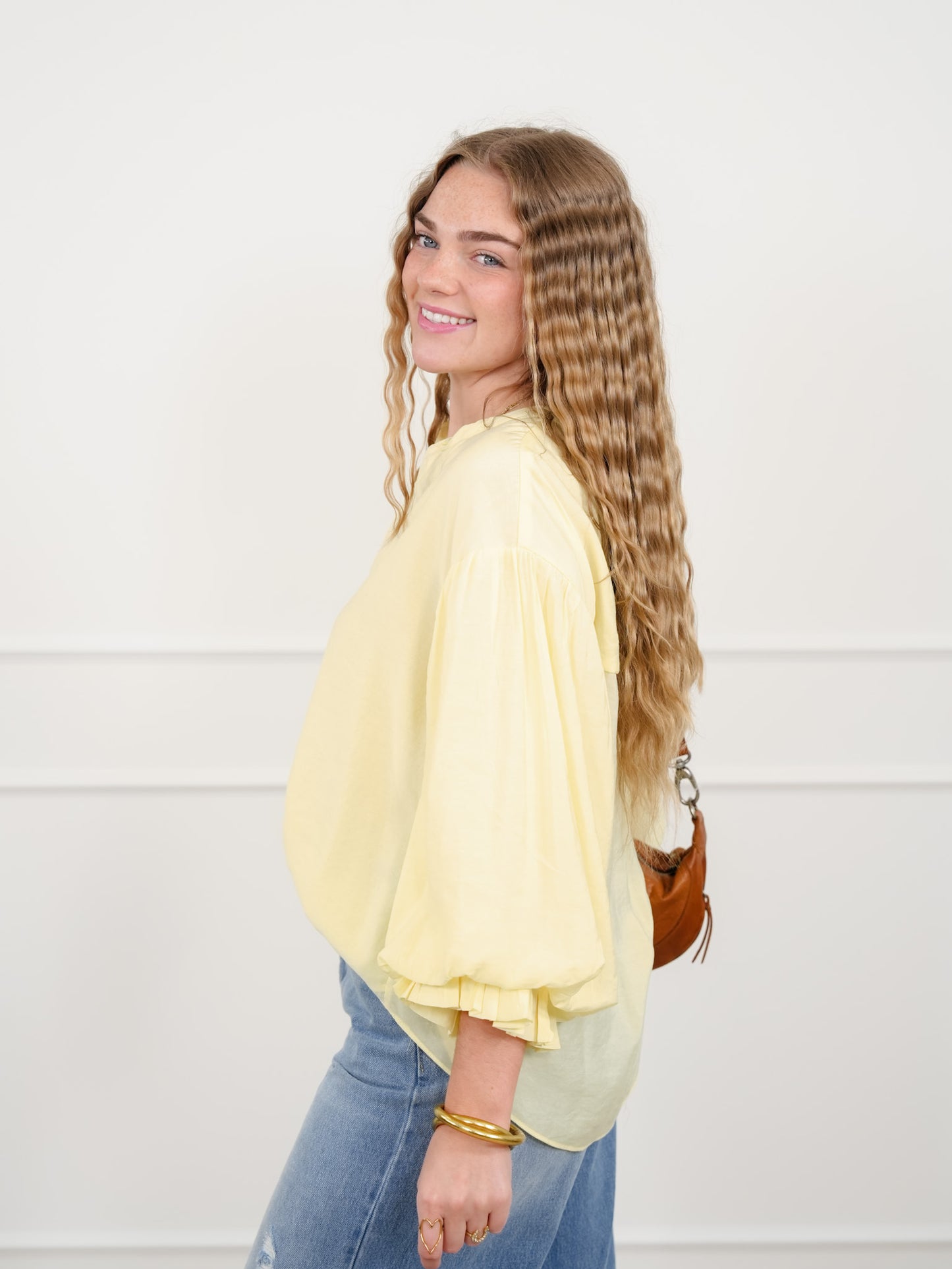 Yellow Puff Sleeve Button Down Top