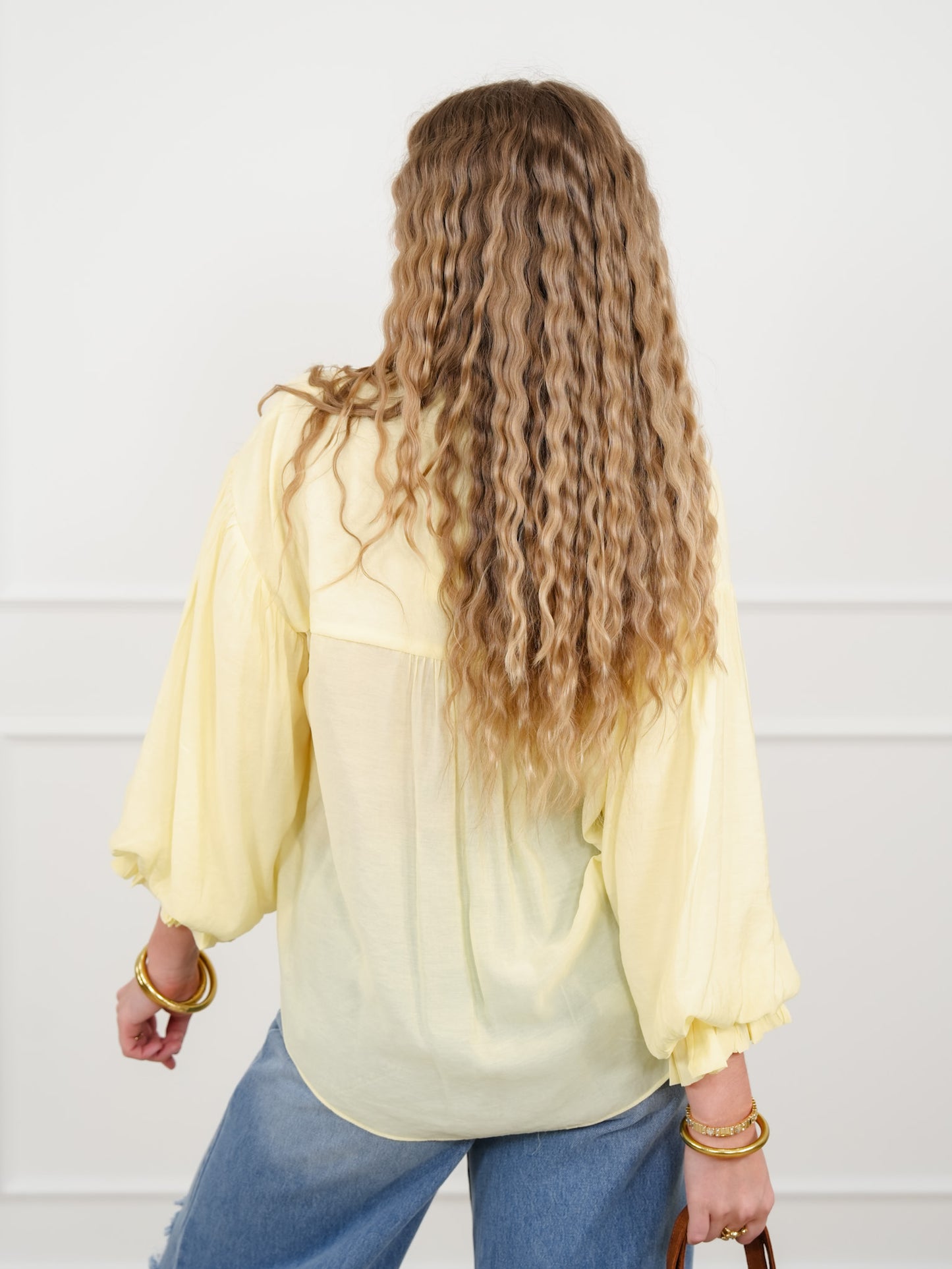 Yellow Puff Sleeve Button Down Top