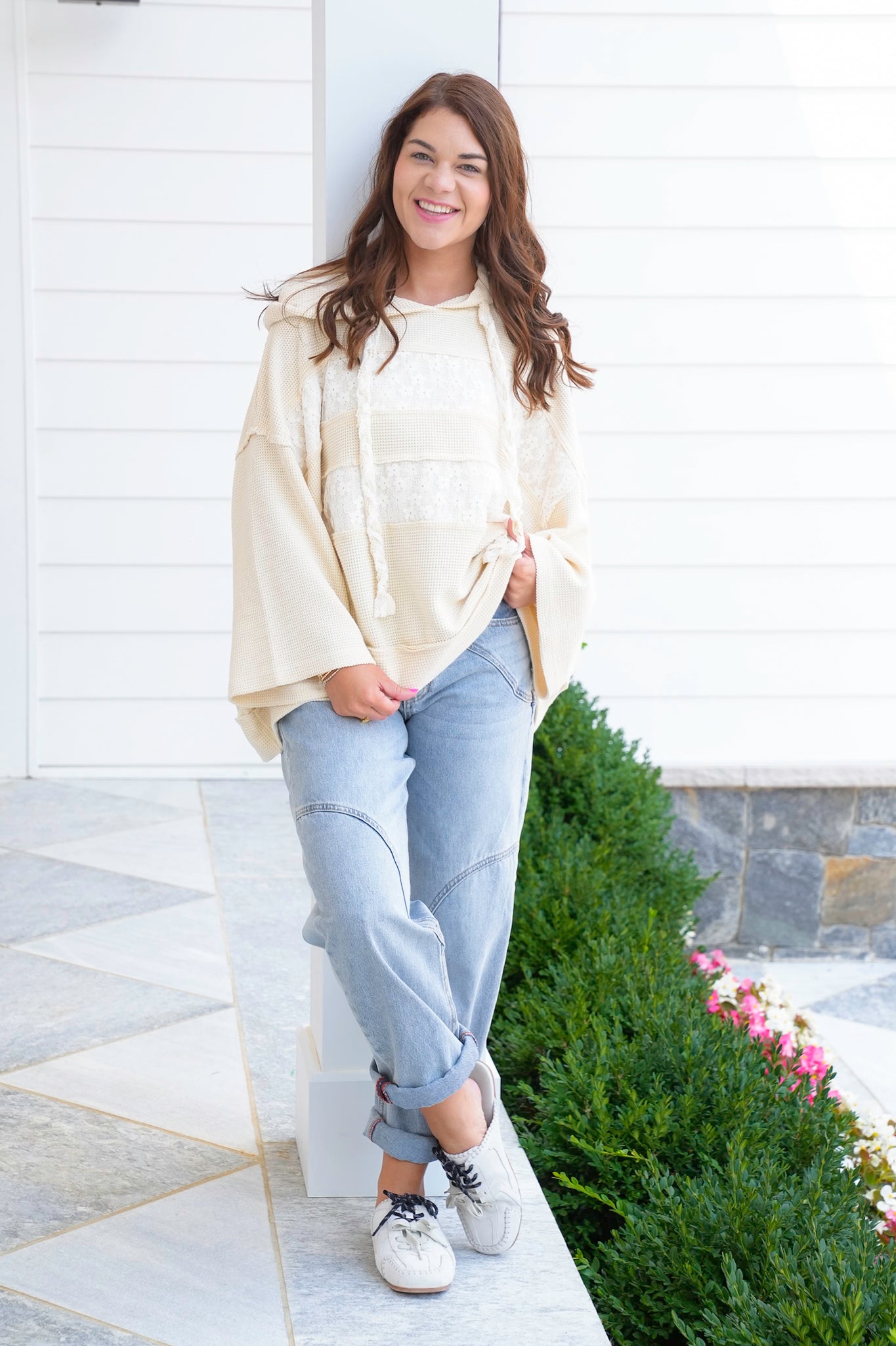 POL Knit 3/4 Sleeve Hoodie Top with Lace Detail