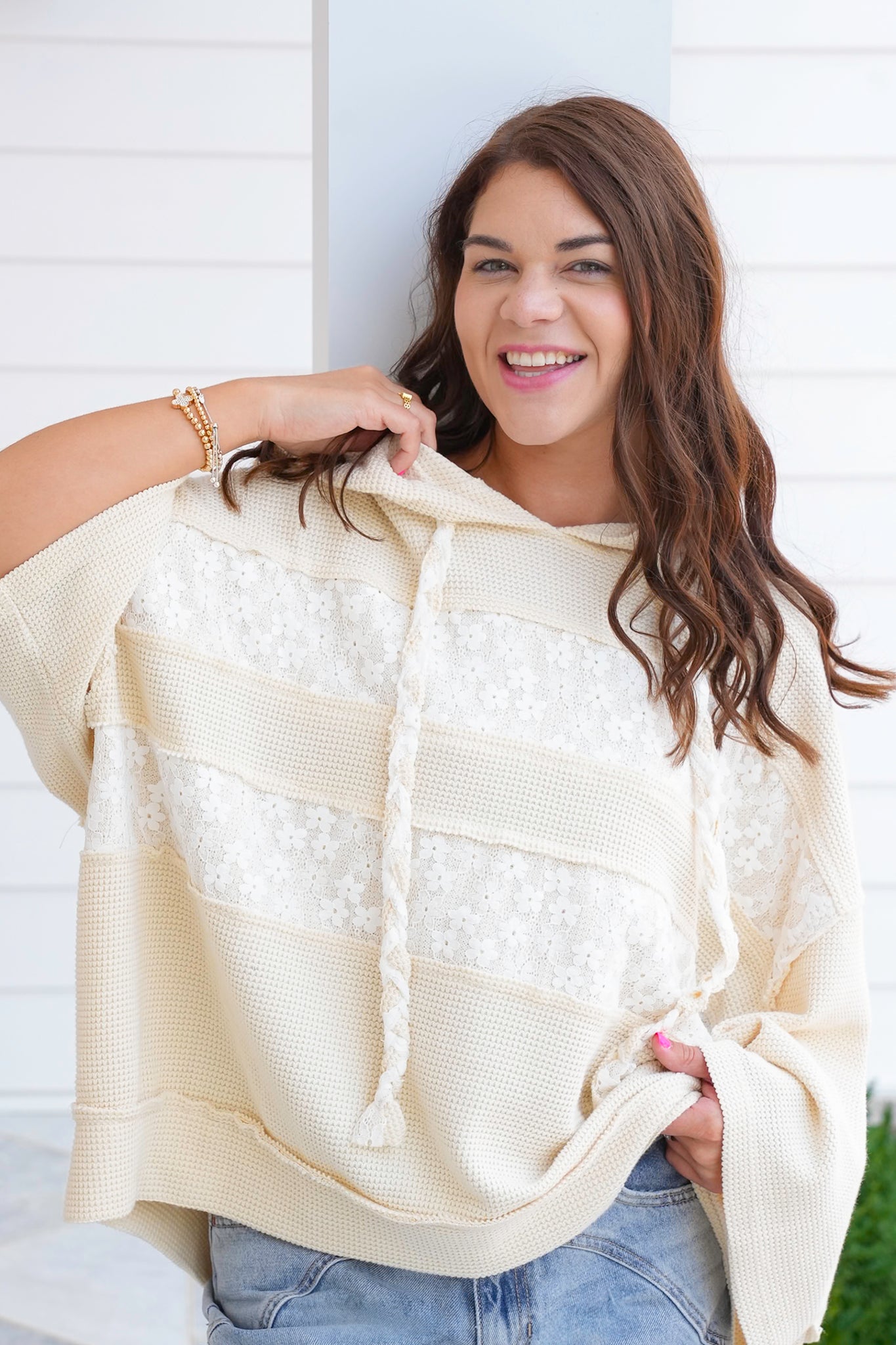 POL Knit 3/4 Sleeve Hoodie Top with Lace Detail