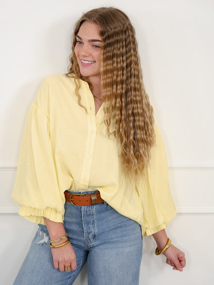 Yellow Puff Sleeve Button Down Top