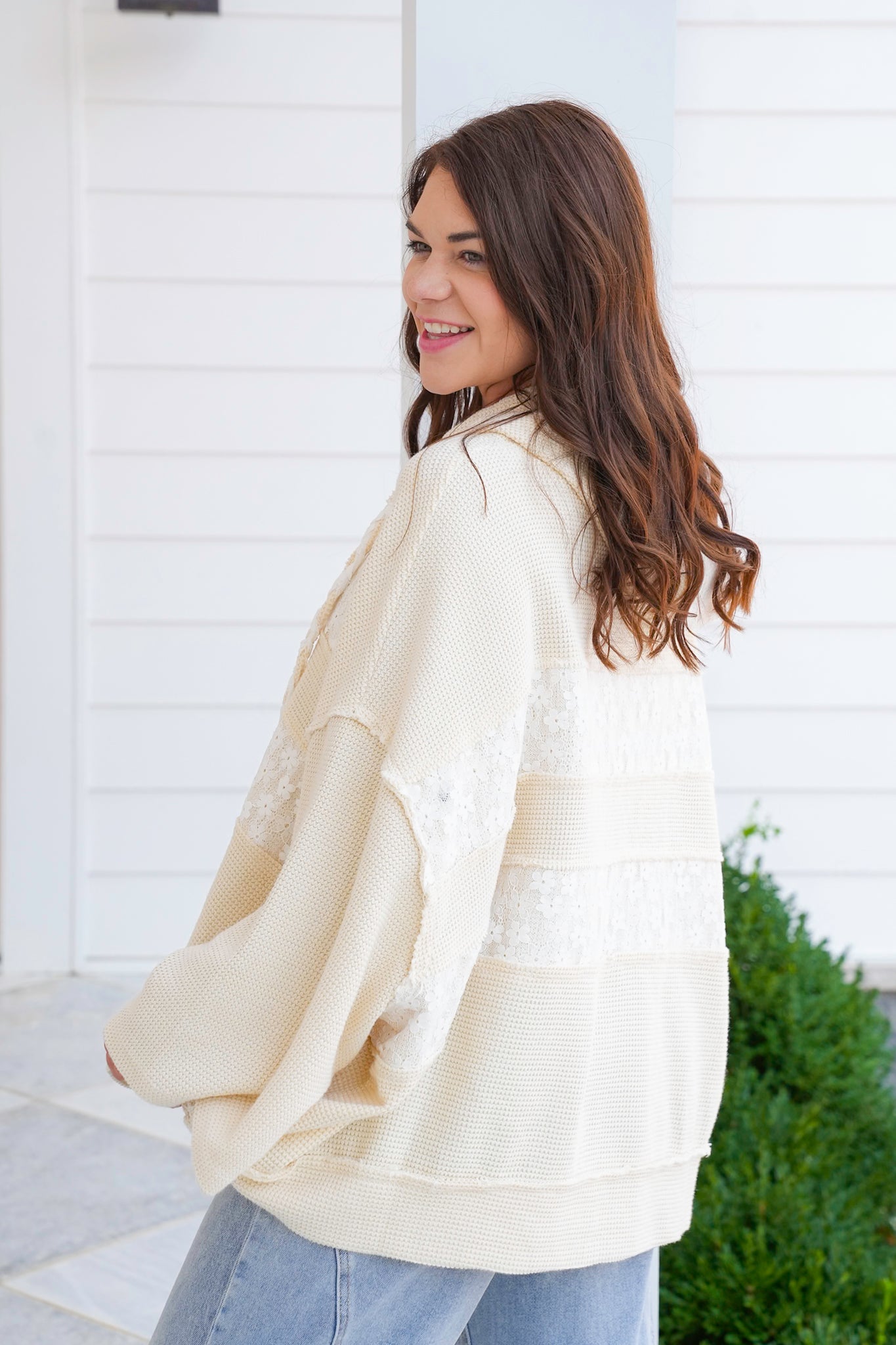 POL Knit 3/4 Sleeve Hoodie Top with Lace Detail