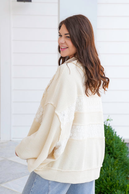 POL Knit 3/4 Sleeve Hoodie Top with Lace Detail