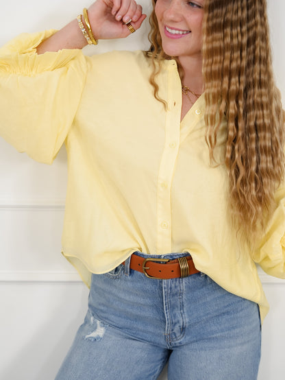 Yellow Puff Sleeve Button Down Top