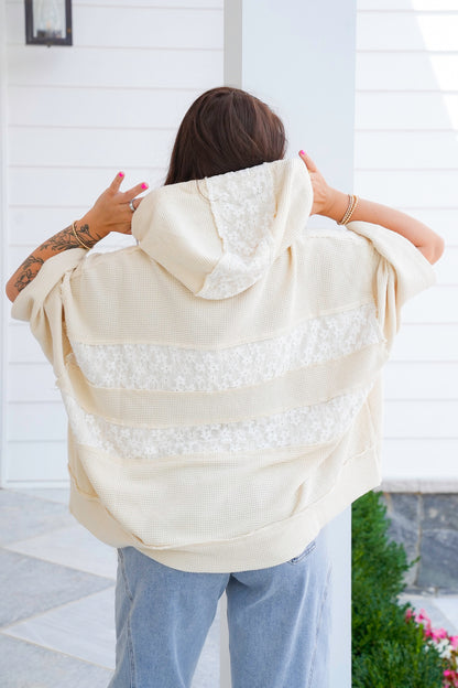 POL Knit 3/4 Sleeve Hoodie Top with Lace Detail