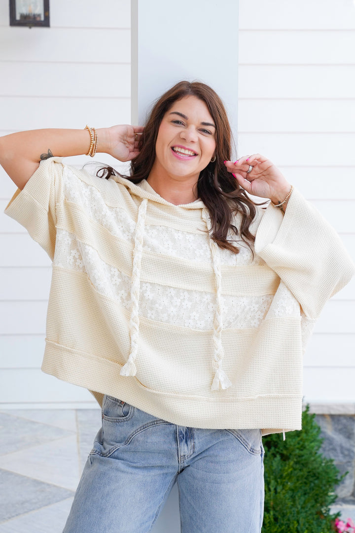 POL Knit 3/4 Sleeve Hoodie Top with Lace Detail