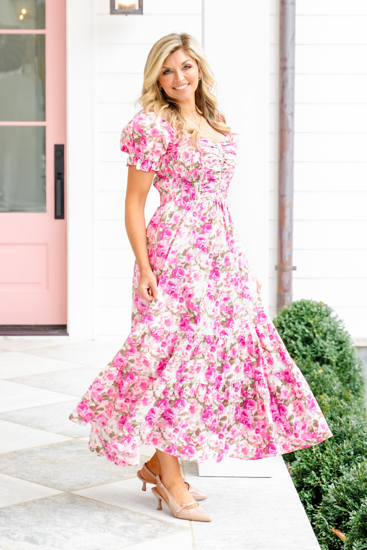 Pink Floral Short Sleeve Tiered Maxi Dress