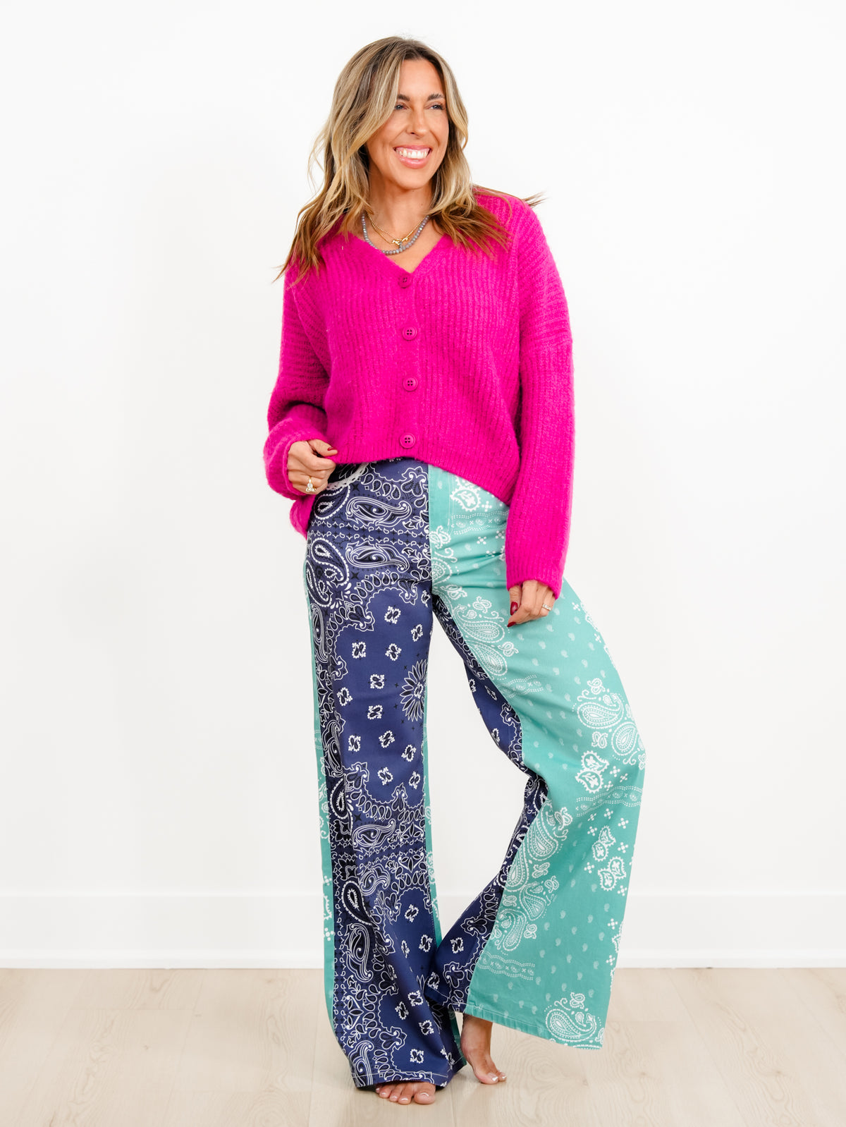 POPPY & PINE Color Block Bandana Print Pants With Lace Trim