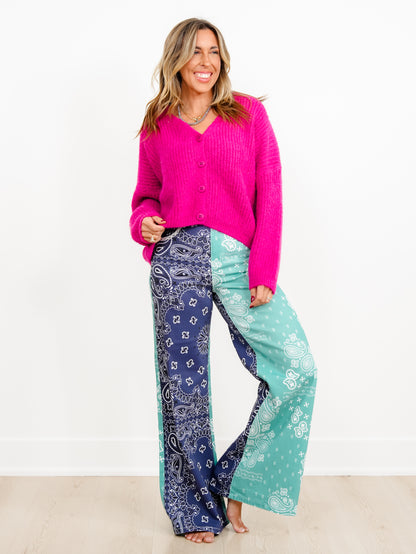 POPPY & PINE Color Block Bandana Print Pants With Lace Trim