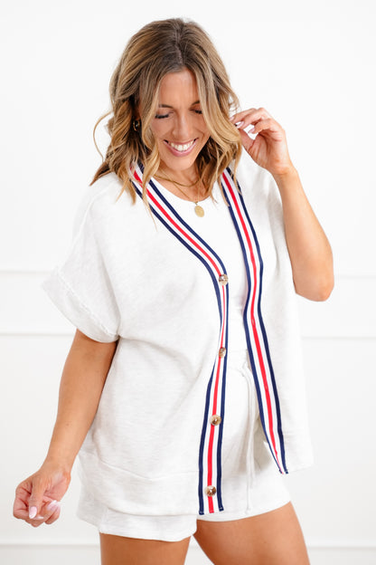Short Sleeve Button Down Top with Stripe Trim Detail