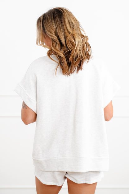 Short Sleeve Button Down Top with Stripe Trim Detail