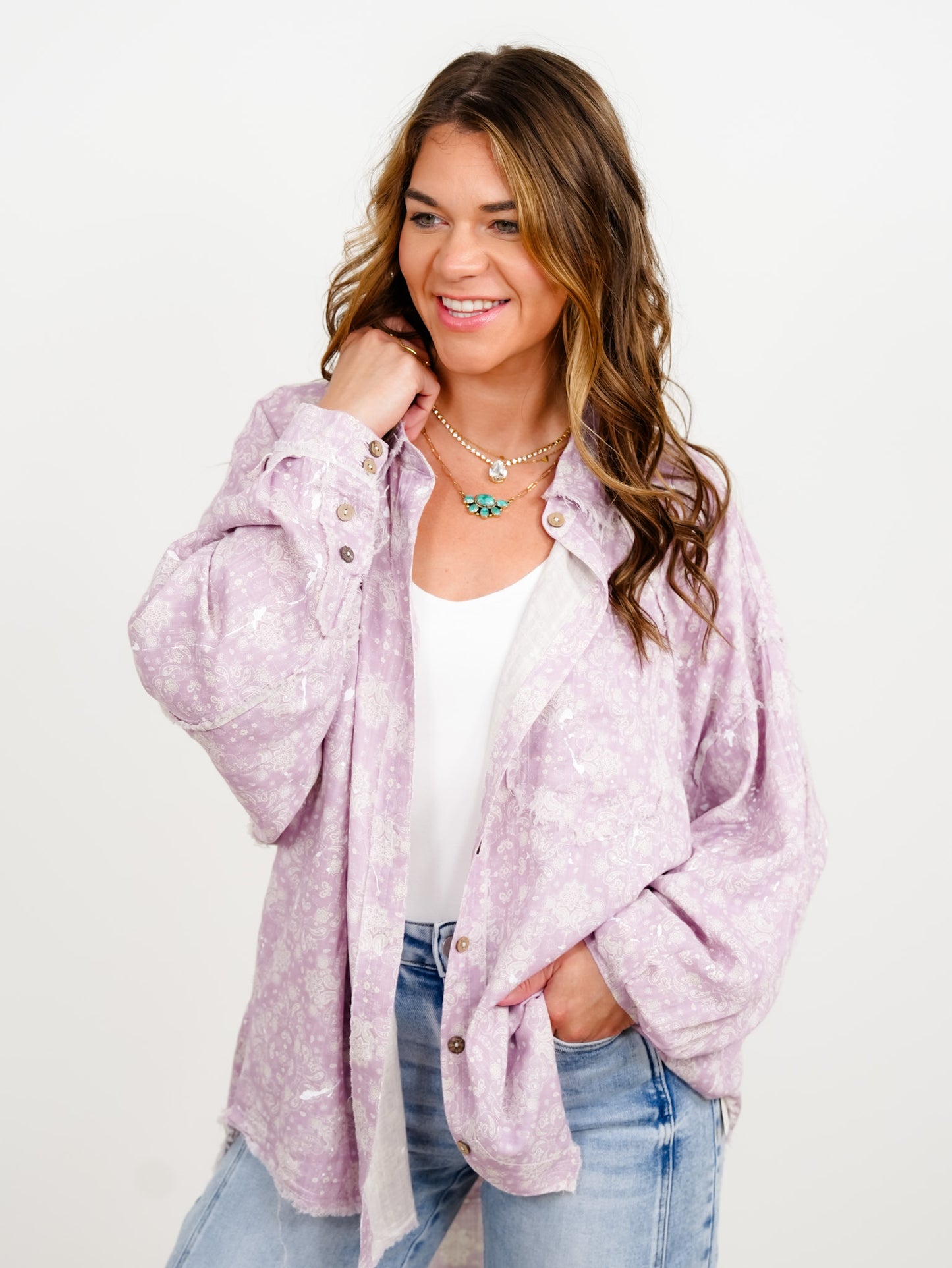 Lavender Paisley Print Long Sleeve Button Down Top