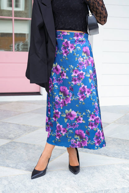 Plus/Reg Floral Satin Elastic Waist Midi Skirt