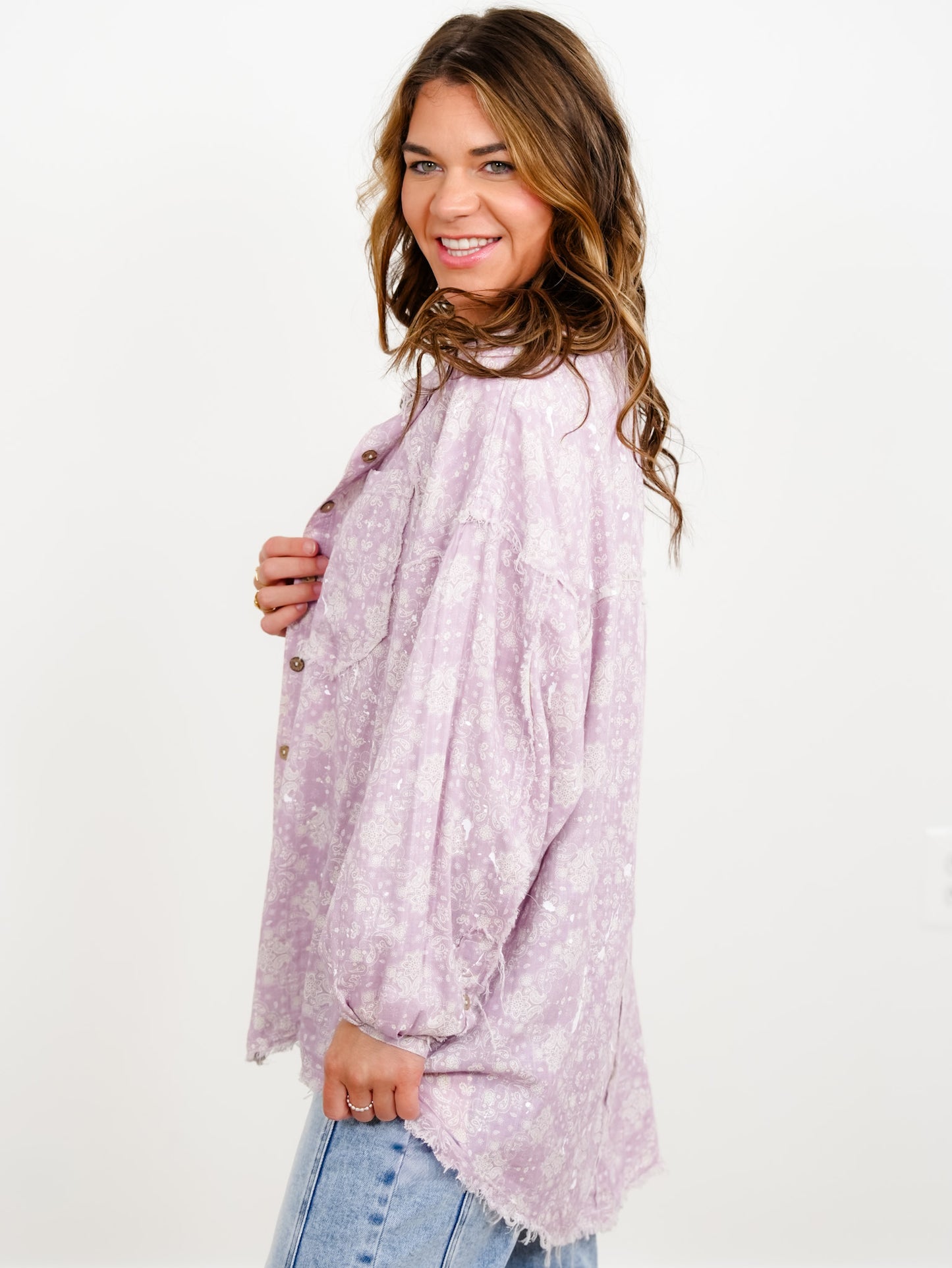 Lavender Paisley Print Long Sleeve Button Down Top
