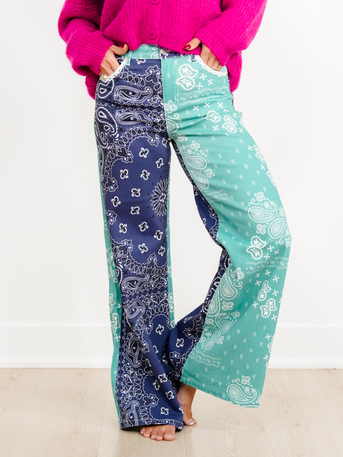 POPPY & PINE Color Block Bandana Print Pants With Lace Trim