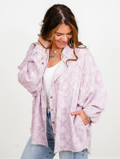 Lavender Paisley Print Long Sleeve Button Down Top