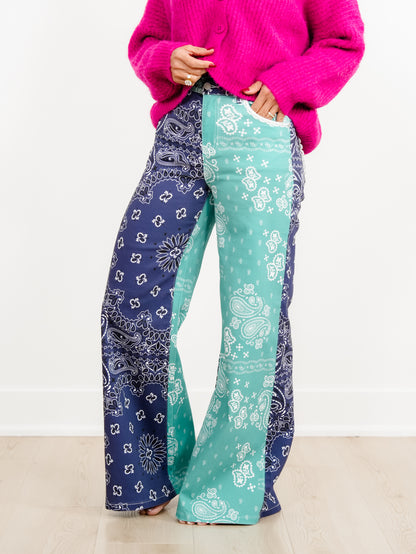 POPPY & PINE Color Block Bandana Print Pants With Lace Trim