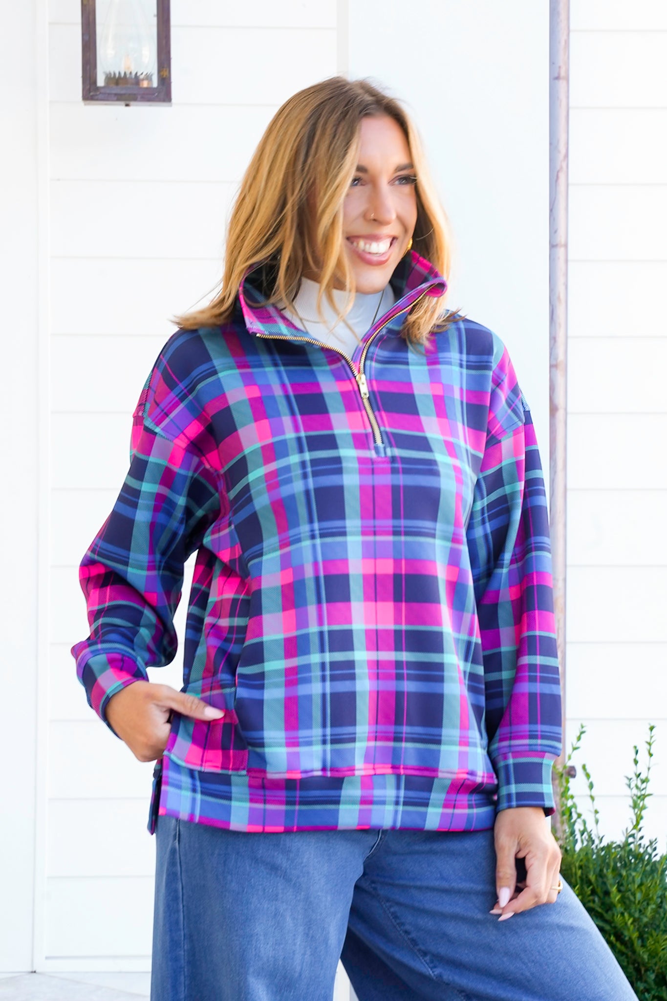 Plus/Reg Navy Plaid Long Sleeve 1/4 Zip Pullover Top
