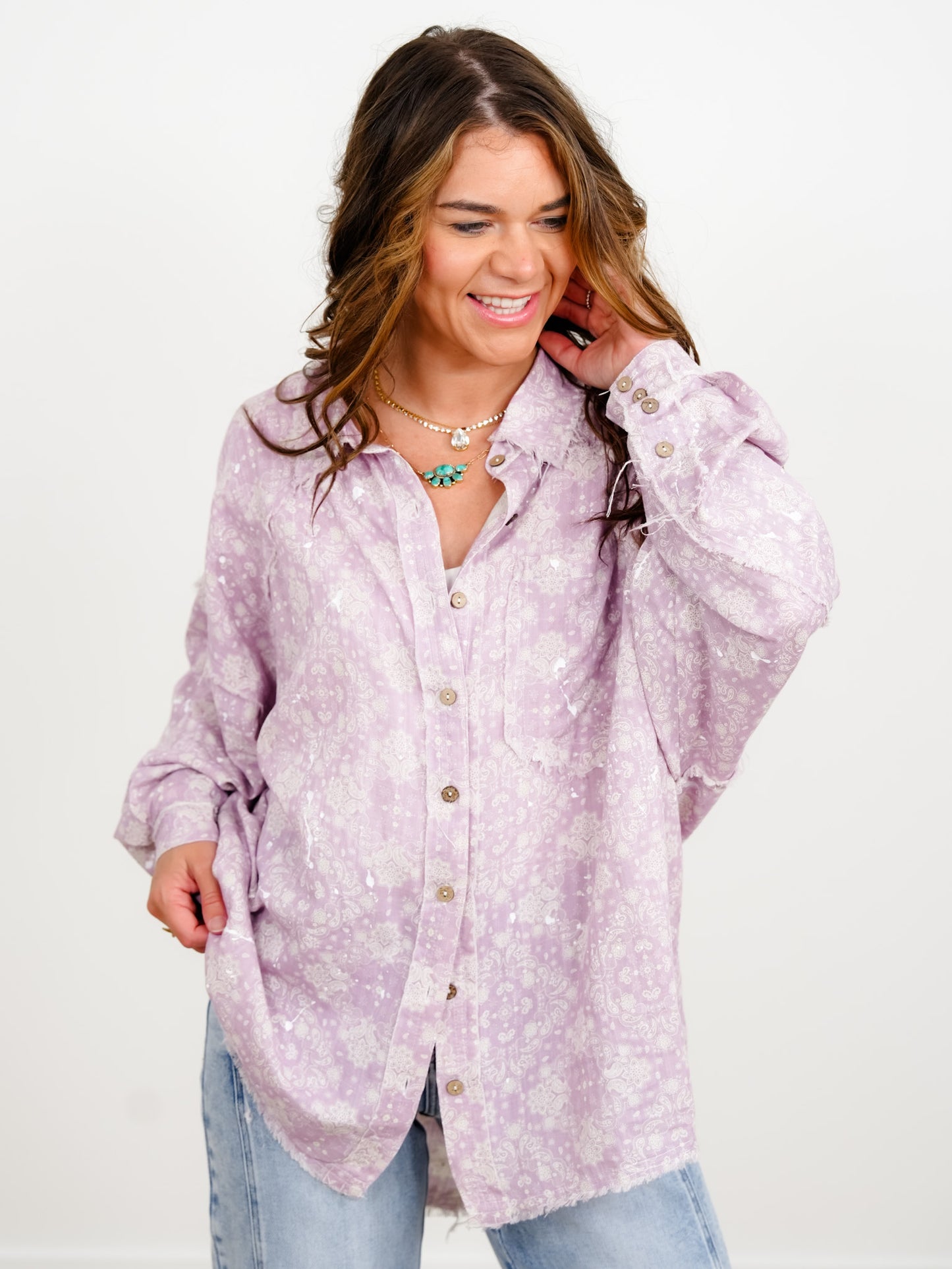Lavender Paisley Print Long Sleeve Button Down Top