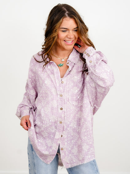 Lavender Paisley Print Long Sleeve Button Down Top