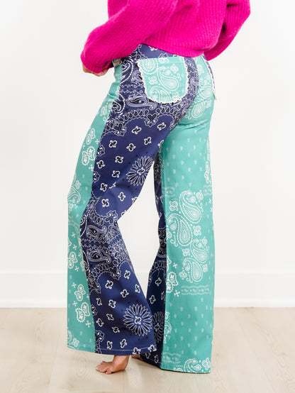 POPPY & PINE Color Block Bandana Print Pants With Lace Trim