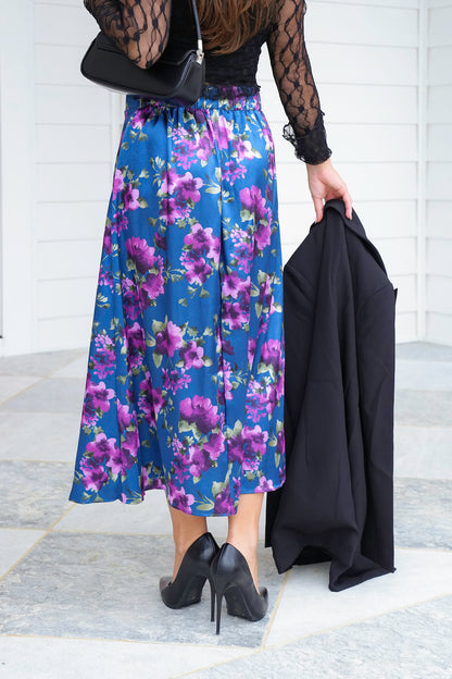 Plus/Reg Floral Satin Elastic Waist Midi Skirt