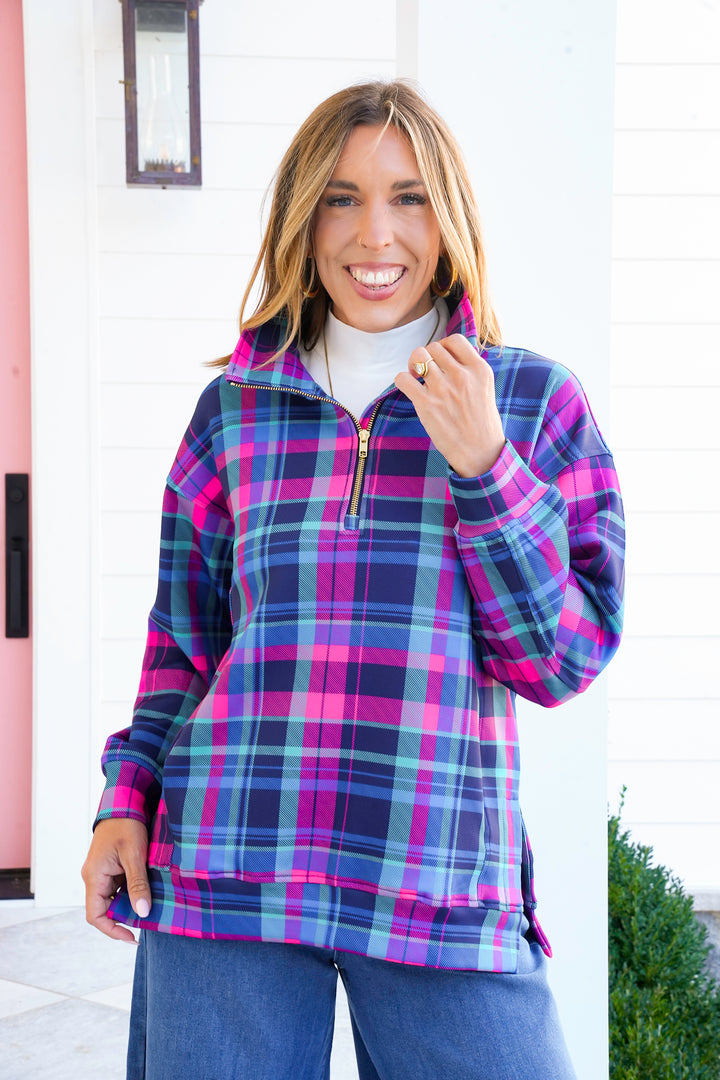 Plus/Reg Navy Plaid Long Sleeve 1/4 Zip Pullover Top
