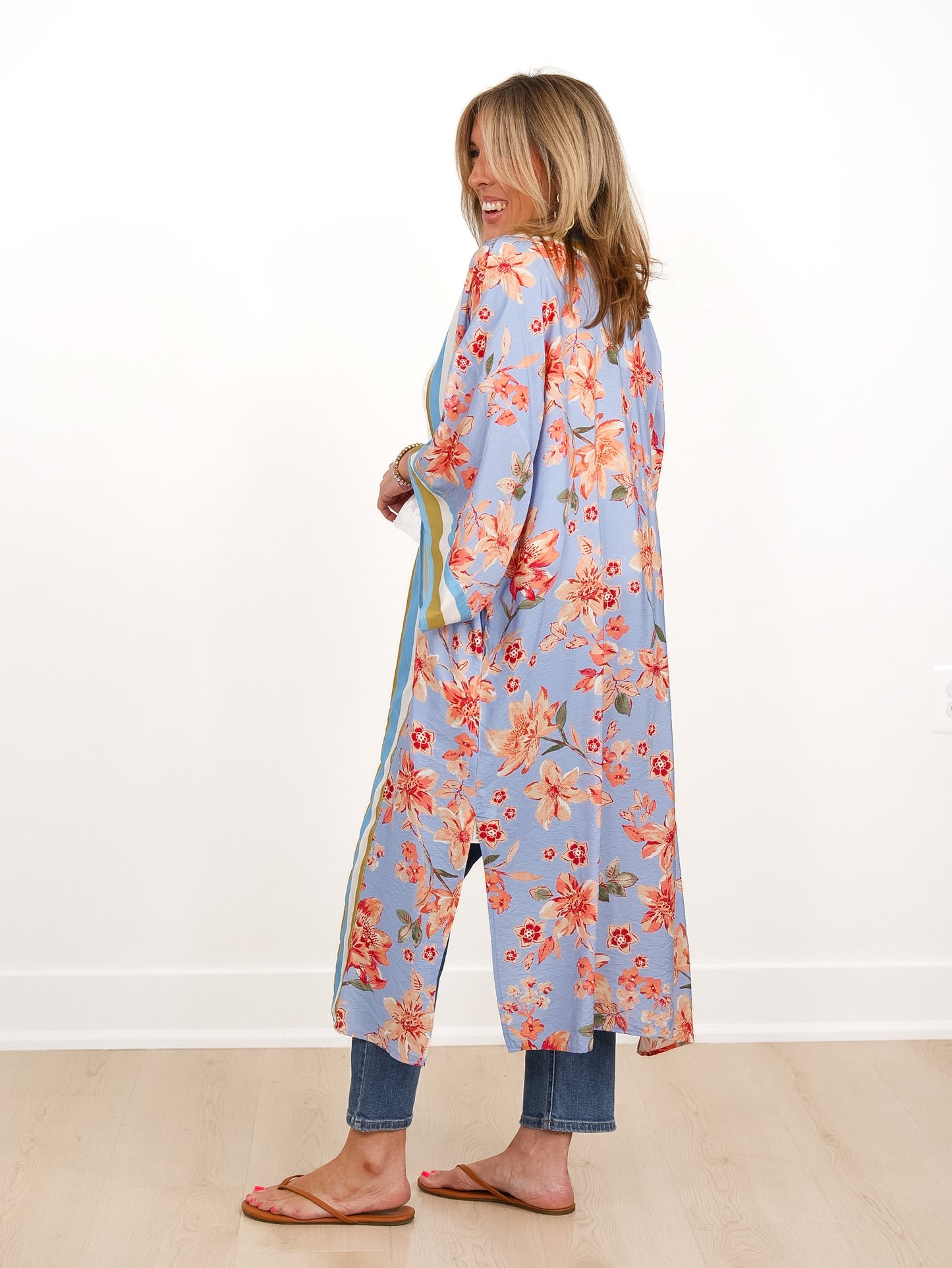 Plus/Reg Floral Printed Long Sleeve Open Front Kimono
