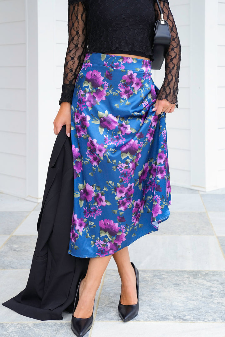 Plus/Reg Floral Satin Elastic Waist Midi Skirt