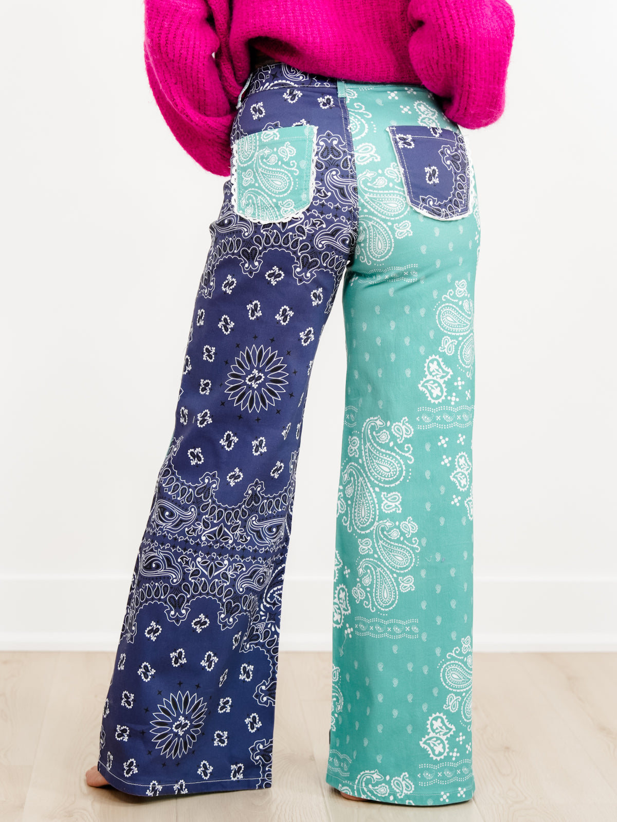POPPY & PINE Color Block Bandana Print Pants With Lace Trim