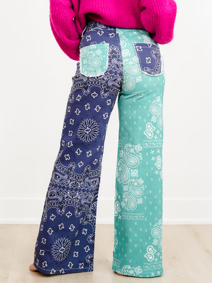 POPPY & PINE Color Block Bandana Print Pants With Lace Trim