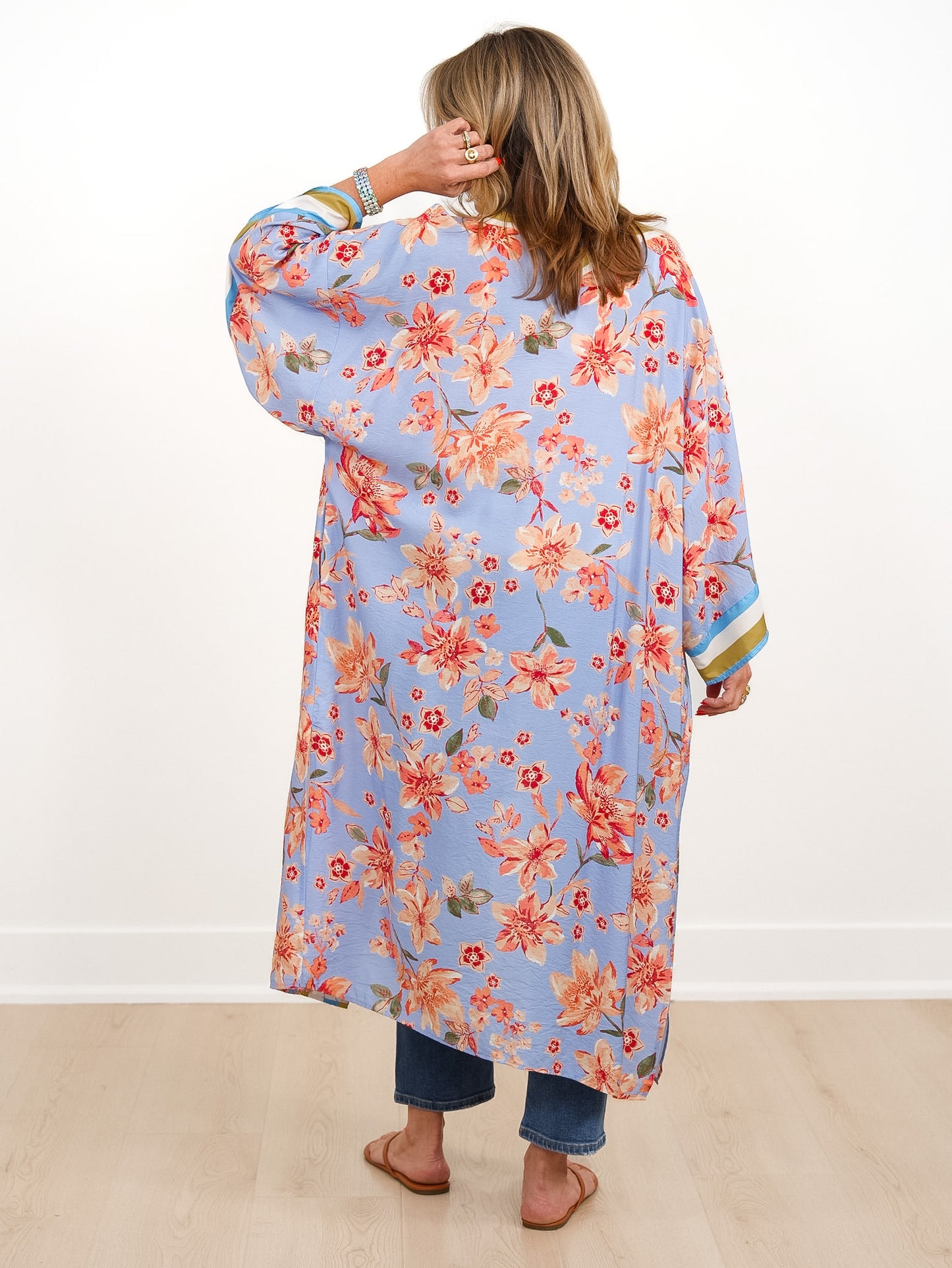 Plus/Reg Floral Printed Long Sleeve Open Front Kimono