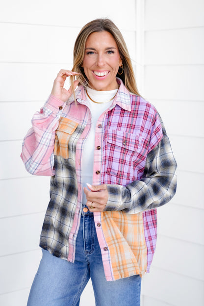 Patchwork Plaid Long Sleeve Button Down Top