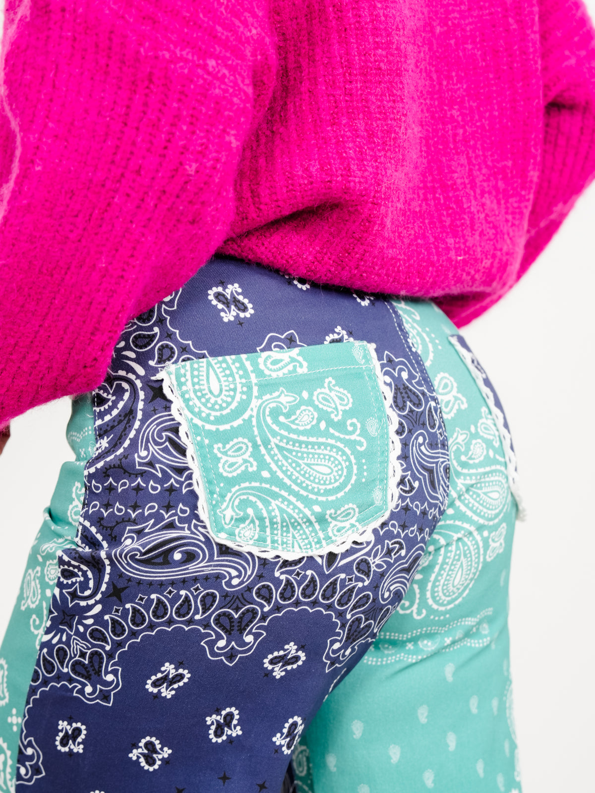 POPPY & PINE Color Block Bandana Print Pants With Lace Trim