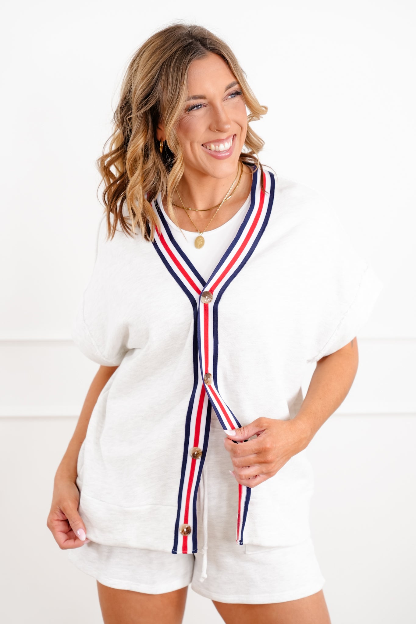 Short Sleeve Button Down Top with Stripe Trim Detail