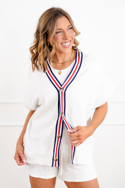 Short Sleeve Button Down Top with Stripe Trim Detail