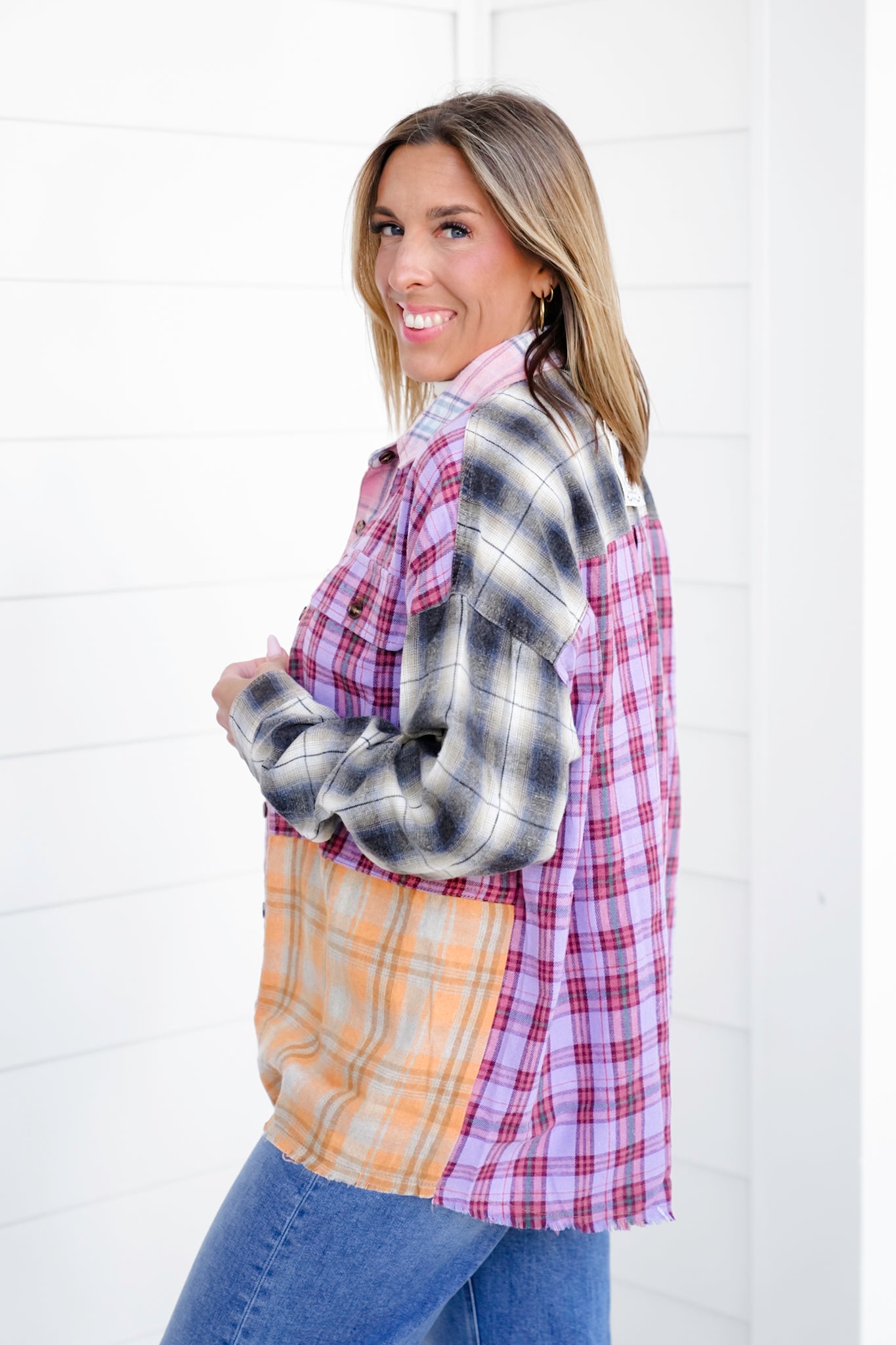 Patchwork Plaid Long Sleeve Button Down Top