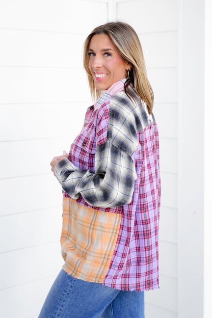 Patchwork Plaid Long Sleeve Button Down Top