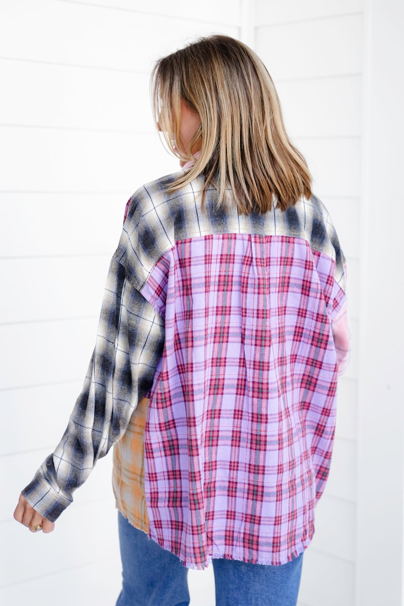 Patchwork Plaid Long Sleeve Button Down Top