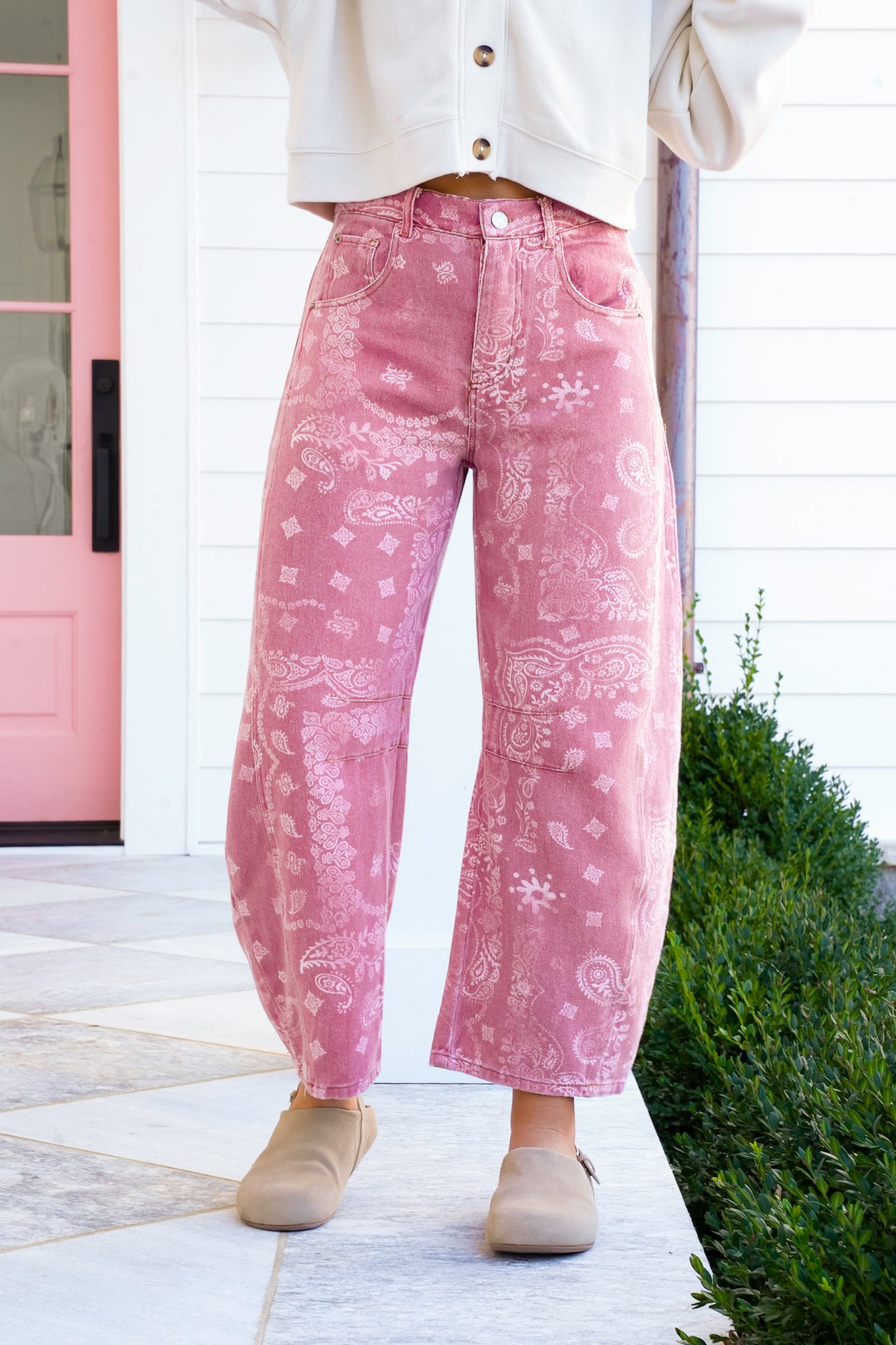 Bandana Print Button Fly Barrel Jeans