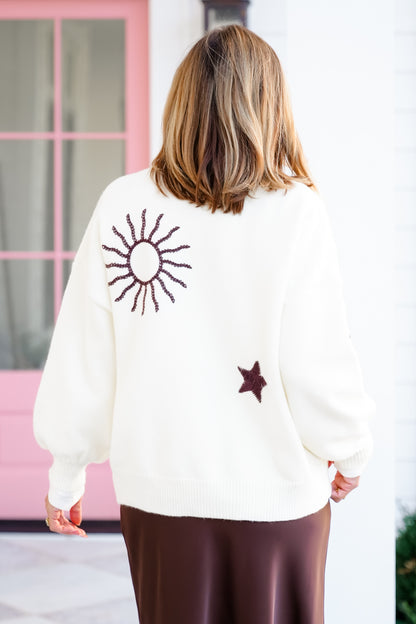 Embroidered Sun, Moon & Stars Long Sleeve Button Down Cardigan