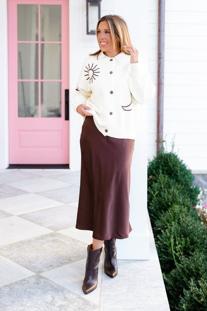 Brown Satin Midi Skirt with Side Zipper Detail