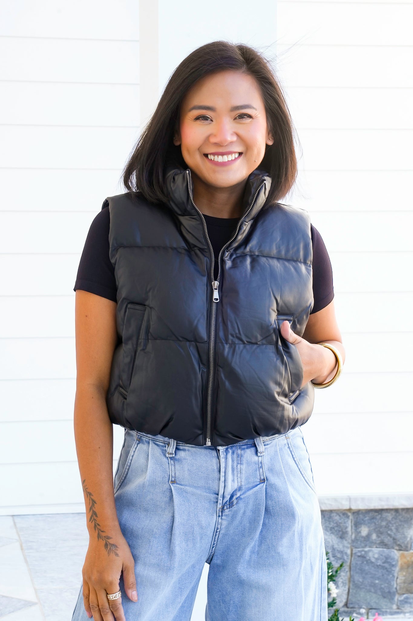 Vegan Leather Cropped Zip-Up Puffer Vest