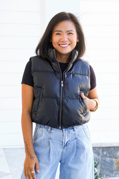 Vegan Leather Cropped Zip-Up Puffer Vest