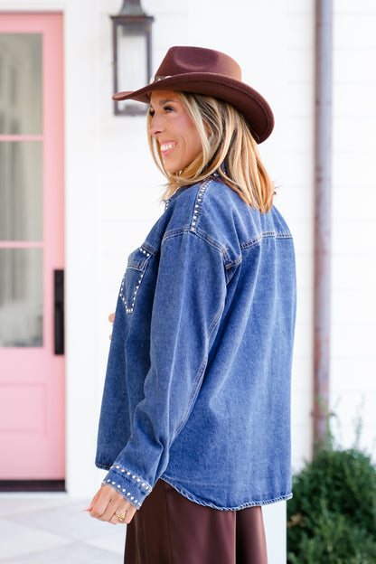 Dark Wash Long Sleeve Button Down Studded Shacket
