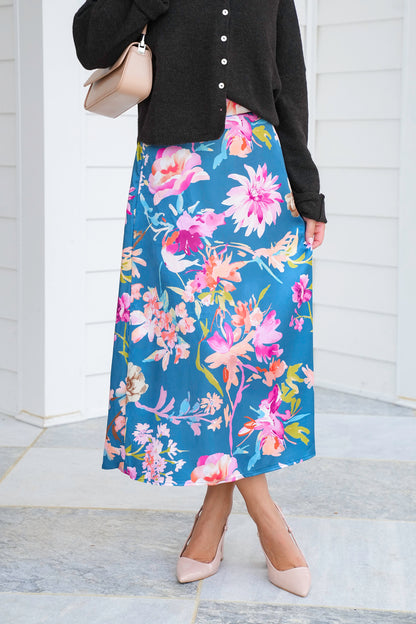Plus/Reg Floral Satin Elastic Waist Midi Skirt