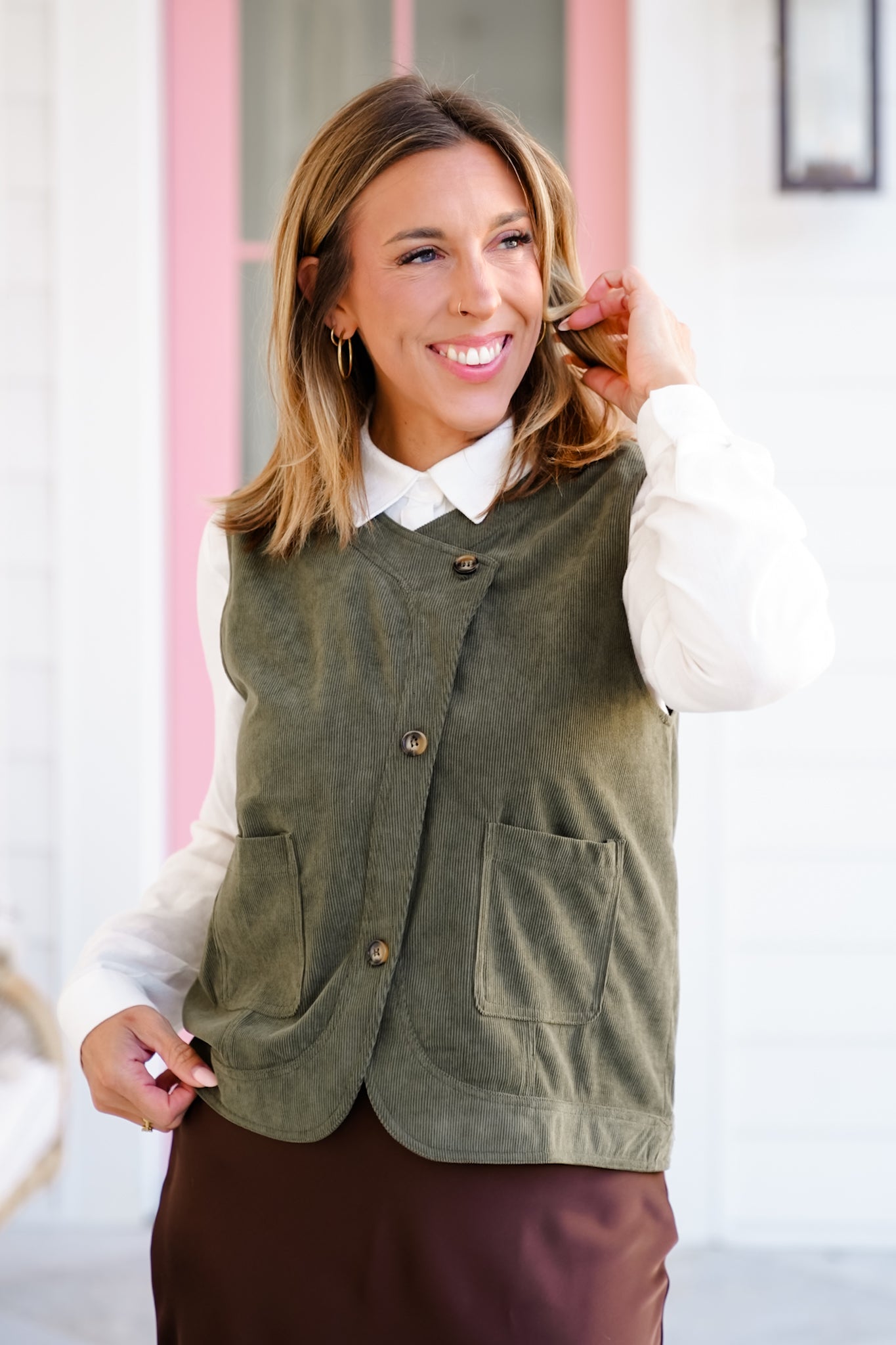Corduroy Asymmetrical Front Button Down Vest