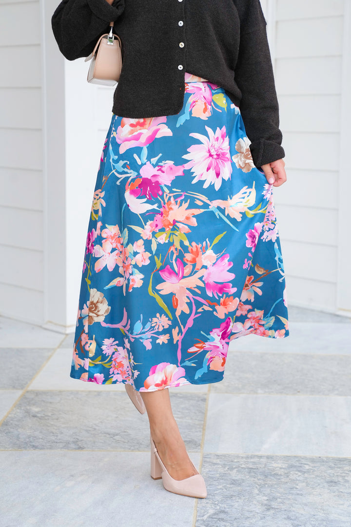 Plus/Reg Floral Satin Elastic Waist Midi Skirt