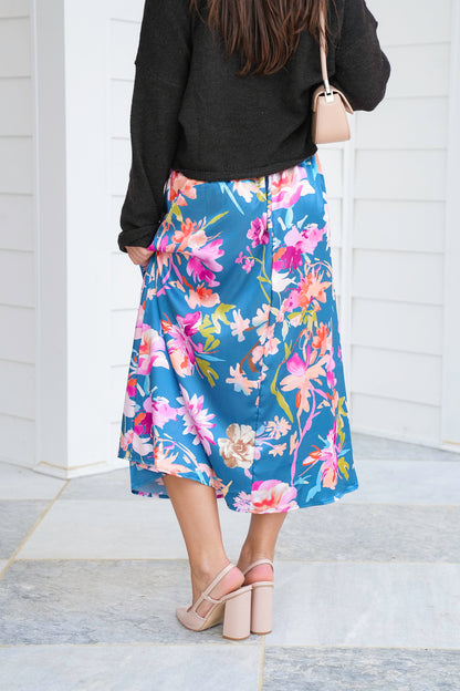 Plus/Reg Floral Satin Elastic Waist Midi Skirt