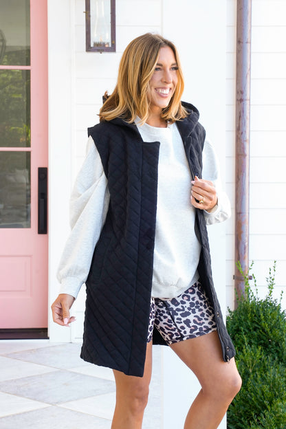 Longline Quilted Cotton Blend Hooded Vest